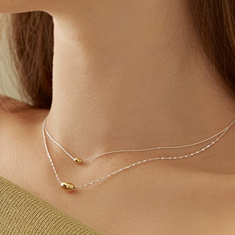 

Lewe [6mm+10mm Pearl Earrings Free] Mini Oval Two-Tone Necklace Silver+Gold Plated