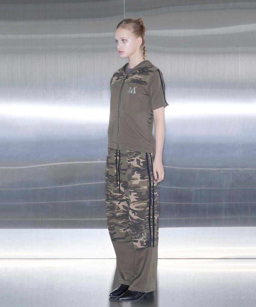 MUCENT Mauve Matching Metal Logo Camo Color Block Wide Elastic Pants