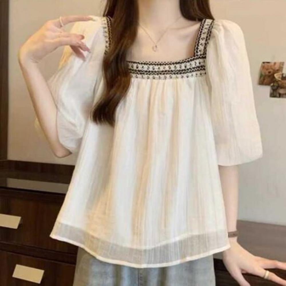 Navava Women Retro Square Neck Short Sleeve Blouse Nb2744