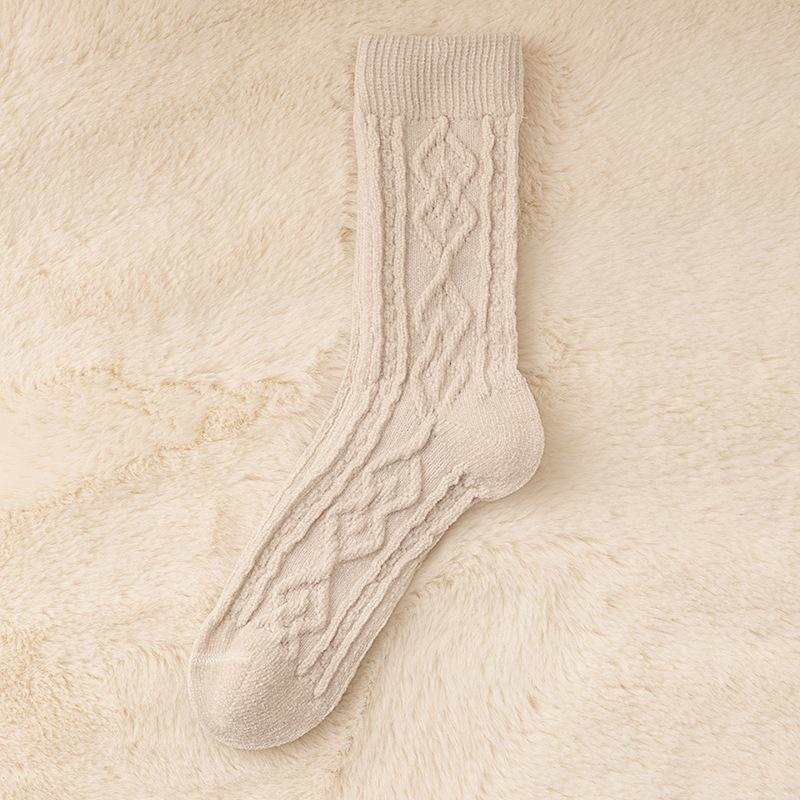 Wool Socks Children'S Medium Tube Socks Retro Twist Pattern Season Rhombus Fleece Thickened Warm Cashmere Stacking Socks Women