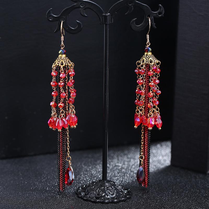 Retro trendy bohemian crystal fringed earrings 925 silver stud earrings temperament long women's personalized earrings