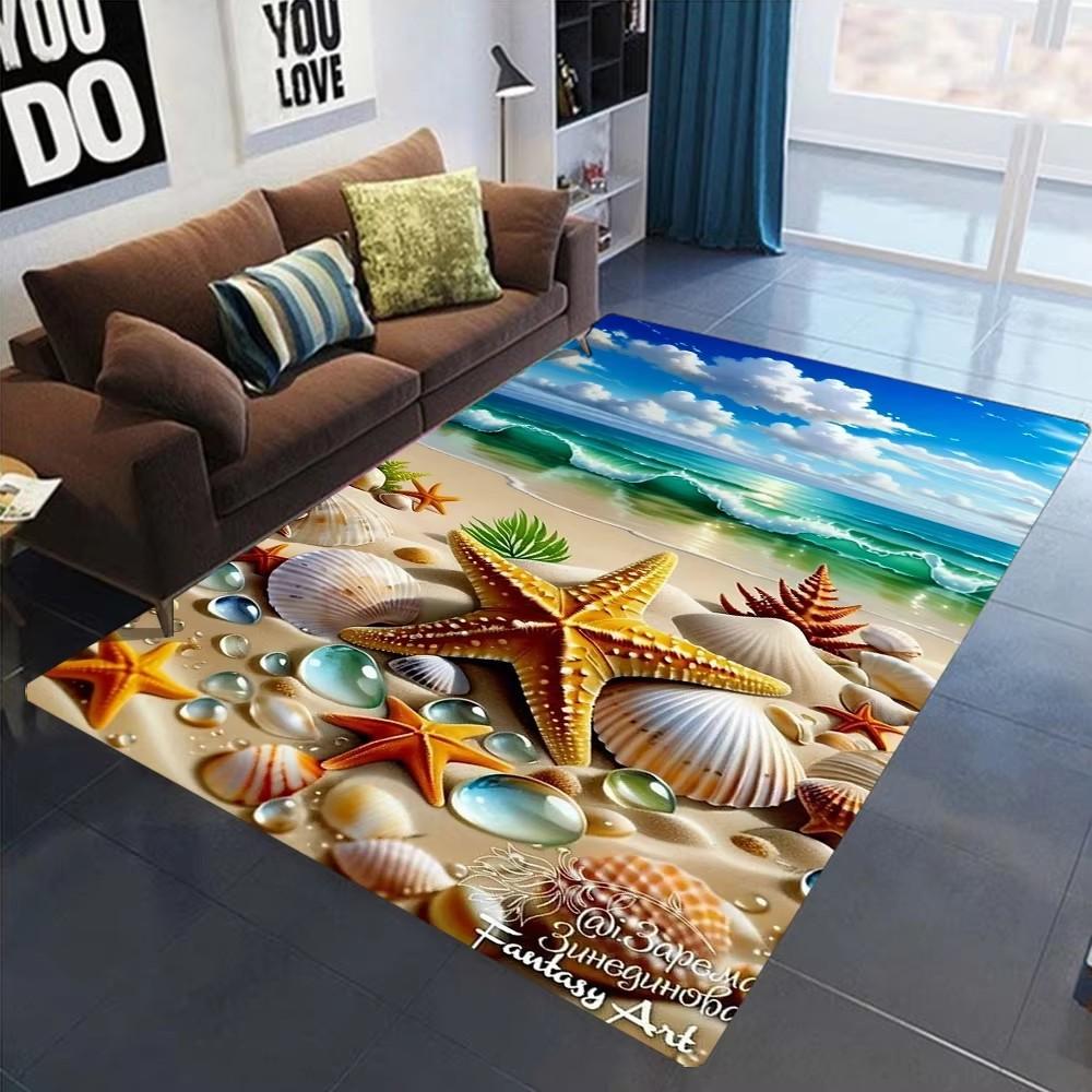 2025 Neuer Seestern Strand Muschel Seestern Sand Teppich Teppich für Wohnzimmer Schlafzimmer Zuhause Sofa Dekoration, Kinder Spielen Rutschfeste Bodenmatte