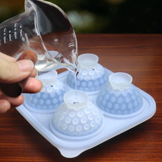 Golf Ball Ice Cube Tray with Funnel 4-Cavity Silicone Mold for Large Sphere Ice Easy-Release Leak-Proof Food-Grade Ice Cube Maker for Home Bar