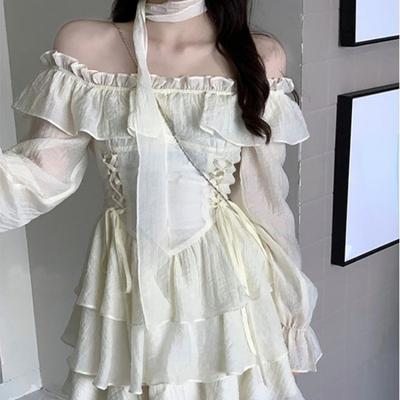 Long Sleeve Elegant Mini Dress Lolita Pure Color Short Party Dress Woman Casual 2025 Summer Sweet One Piece Dress Korean Fashion