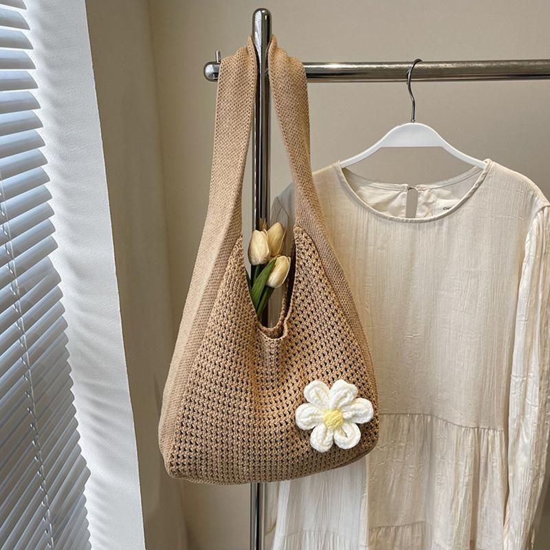 

Yogodlns Floral Crochet Shoulder Bag Bohemian Knitted Hollow Out Tote Crochet Underarm Bag for Women Summer Beach 34x10x29cm хаки