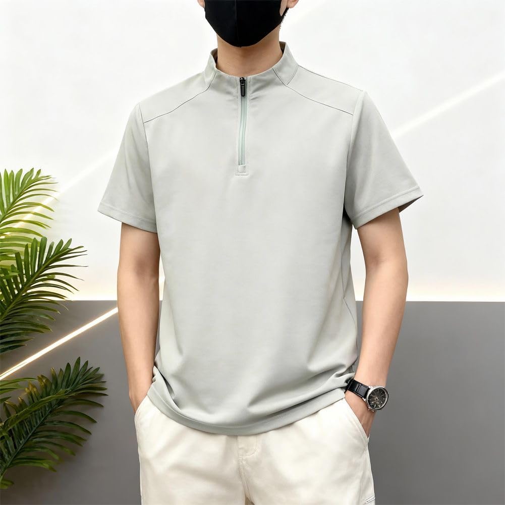 [BUTMYJ] Men's T-Shirt, Short Sleeve, Half-Zip, Summer Wear, Stand Collar, Casual Pullover, Plain, Simple, Popular Fashion, Sports Short Sleeve Polo S