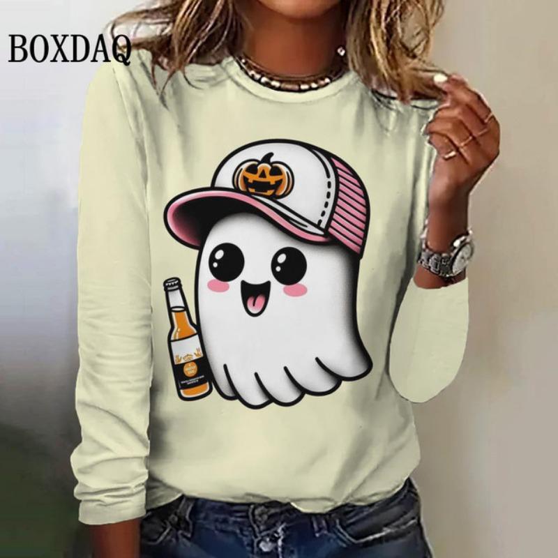 Cute Cartoon Women's Long Sleeved T-Shirts Halloween Ghost Round-Neck Loose Clothing Fashions Festival Casual Ladies Shirts Tops