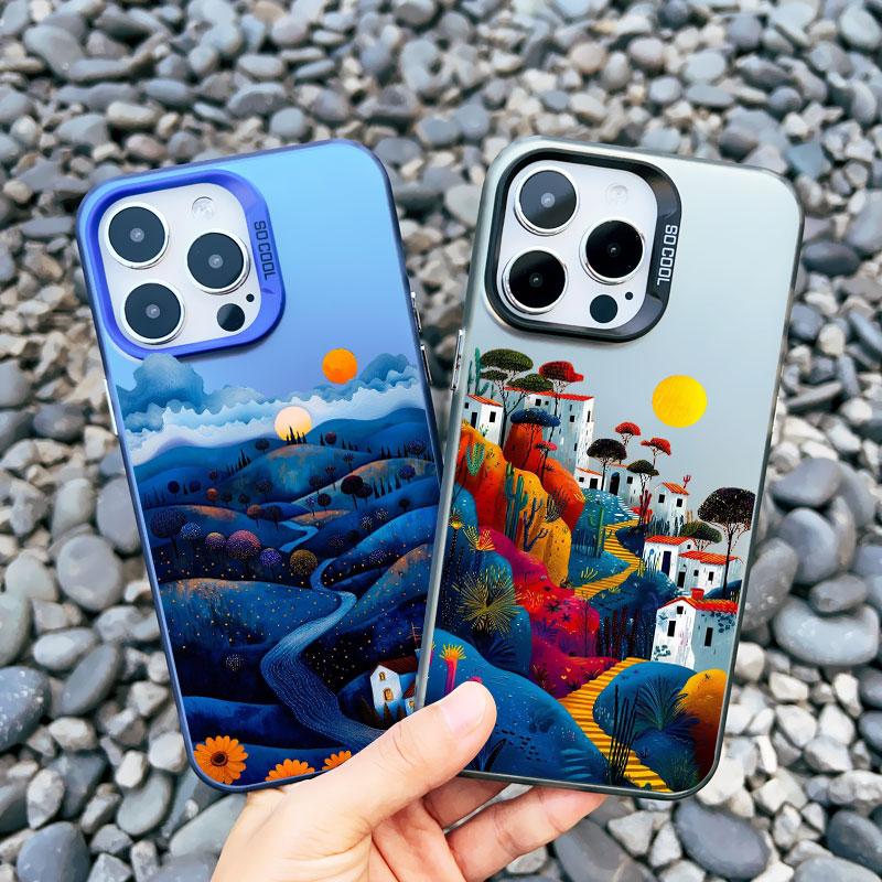 Yellow Sunset Mountain Phone Case For iPhone 15 14 Plus 14 15 11 12 13 Pro Max Mini Natural Scenery Shockproof Matte Laser Cover