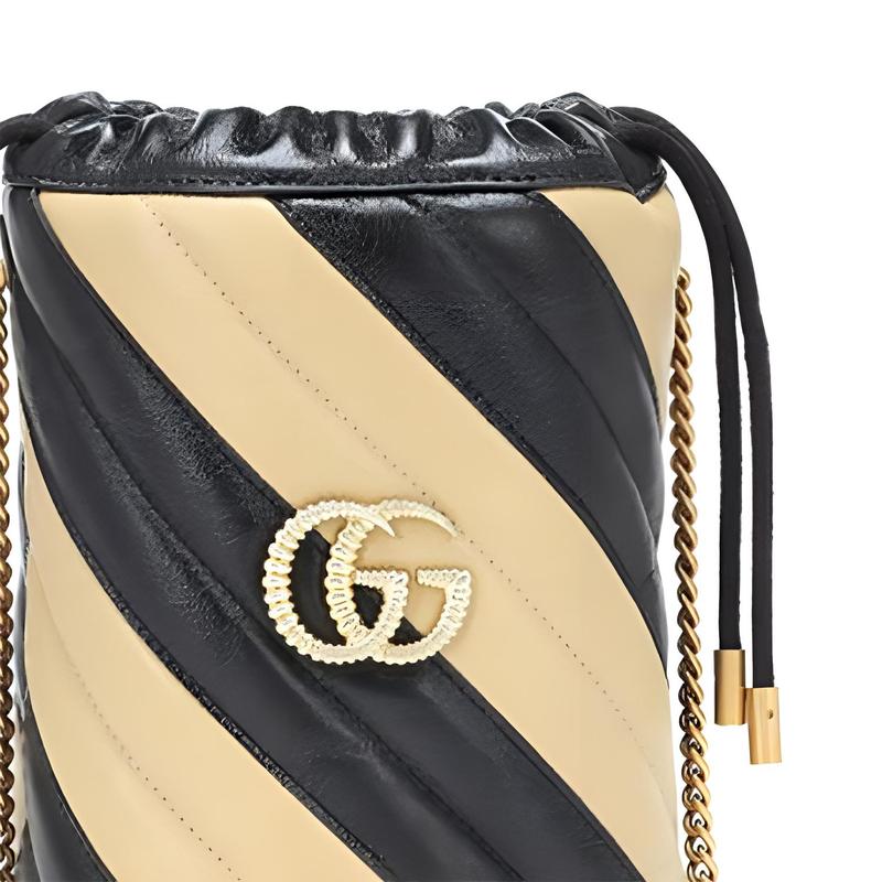 Gucci handbag GG Marmont Series Gold Label Logo Color Blocking Piping Chain Quilted Drawstring Closure Leather Bucket Bag Shoulder Crossbody Mini