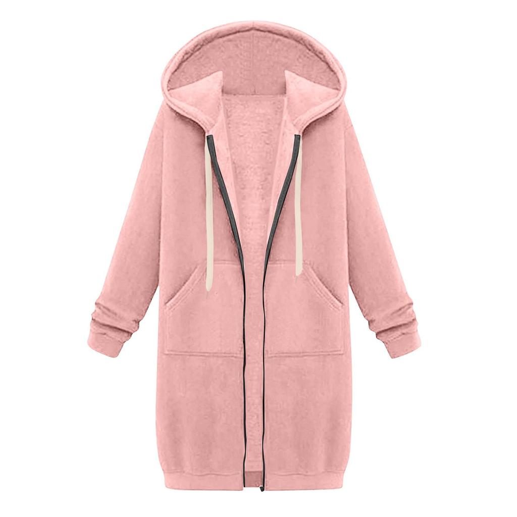 Women Casual Zip Up Hoodie Long Tunic Sweatshirt Winter Windproof Drawstring Hooded Jacket Outerwear Pockets