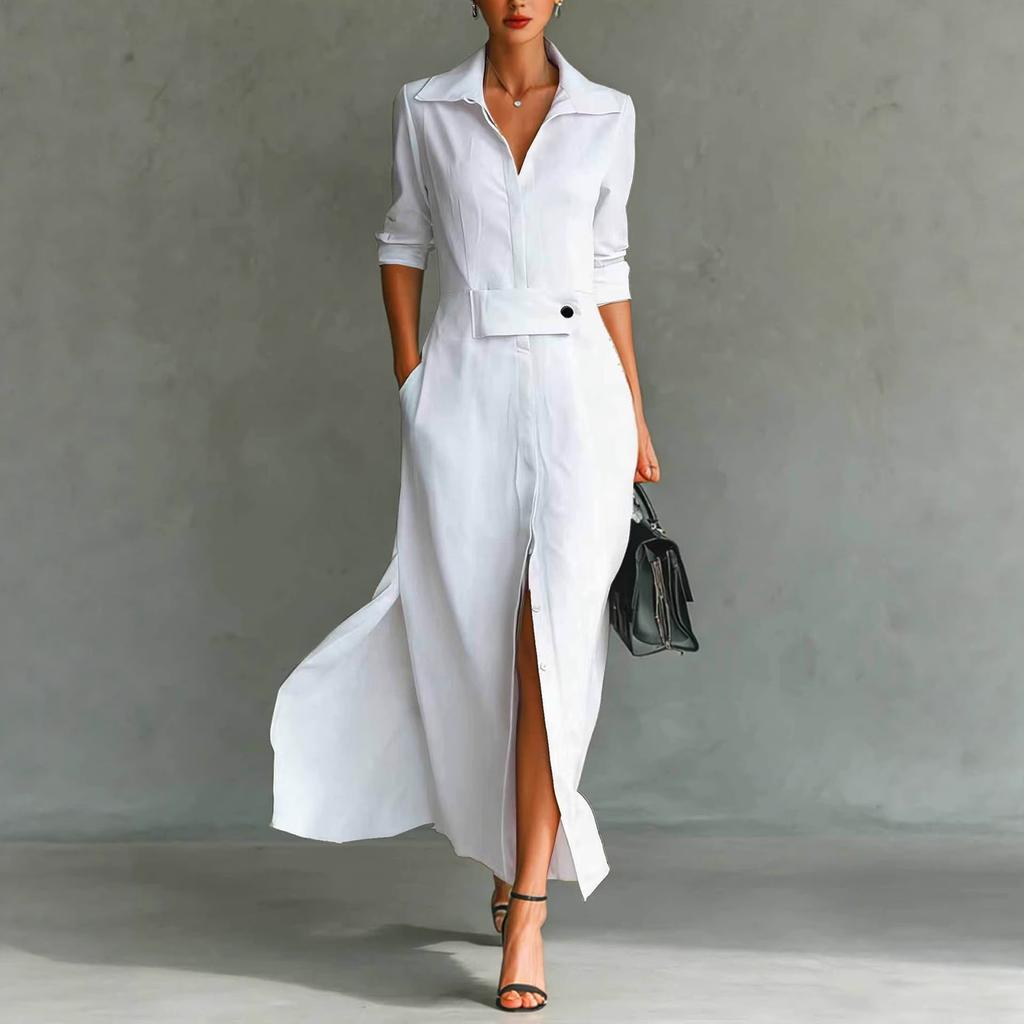 Women's Fashionable Color Lapel Long Sleeved Hem Slit Casual Shirt Dress