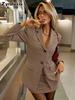 Vintage Check Blazer Mini Skirt Set Women Loose Stand Collar Small Blazer High Waist A-Line Half Skirt