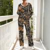 Women's V-Neck Print Long Sleeve Hooded Pajama Set with Pockets, Loose Fit Casual Wear
