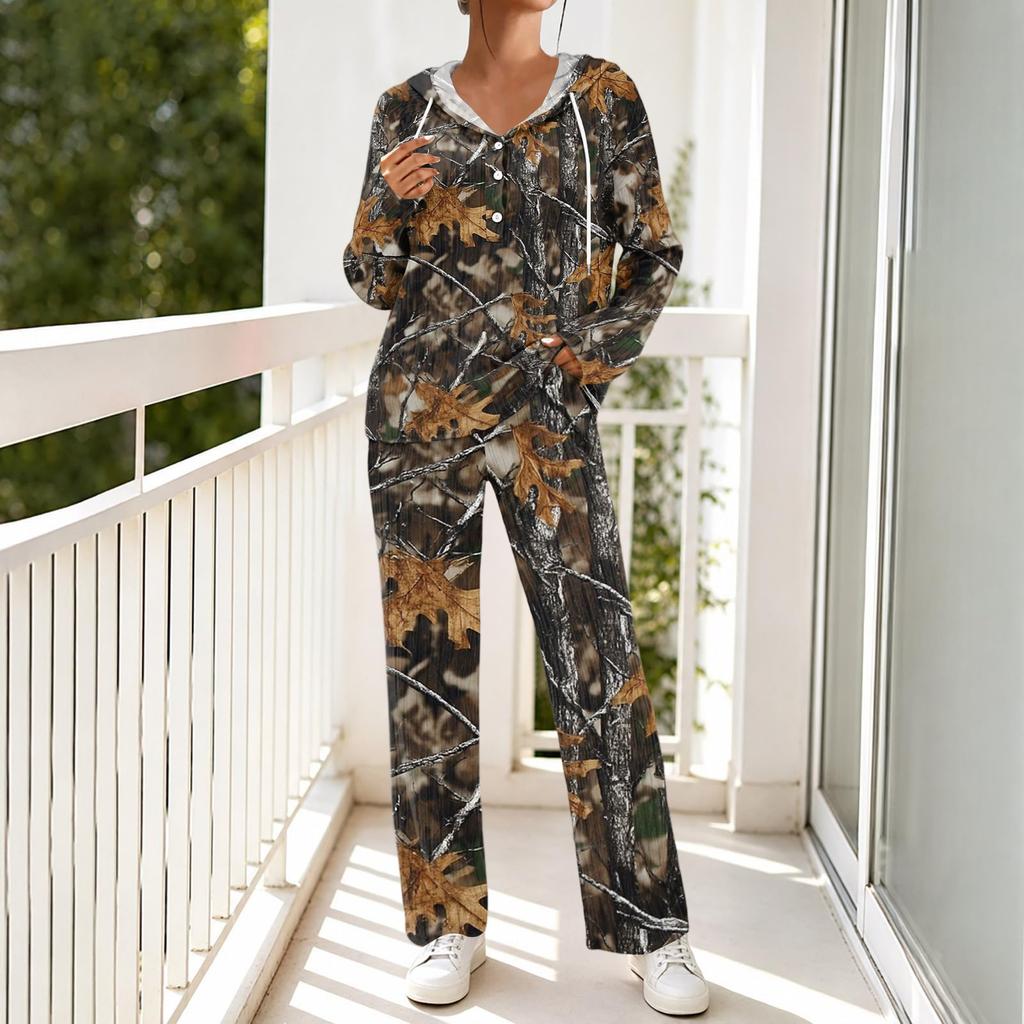 Women's V-Neck Print Long Sleeve Hooded Pajama Set with Pockets, Loose Fit Casual Wear