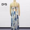 Women Vacation Dress Printed Patchwork Low-cut Square Neck Backless Sleeveless A-line Full Length Beach Maxi Dress Summer Strappy Dress