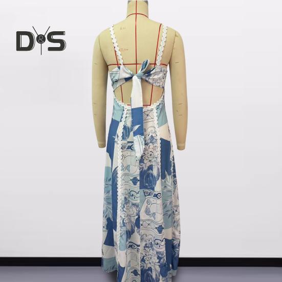 Women Vacation Dress Printed Patchwork Low-cut Square Neck Backless Sleeveless A-line Full Length Beach Maxi Dress Summer Strappy Dress