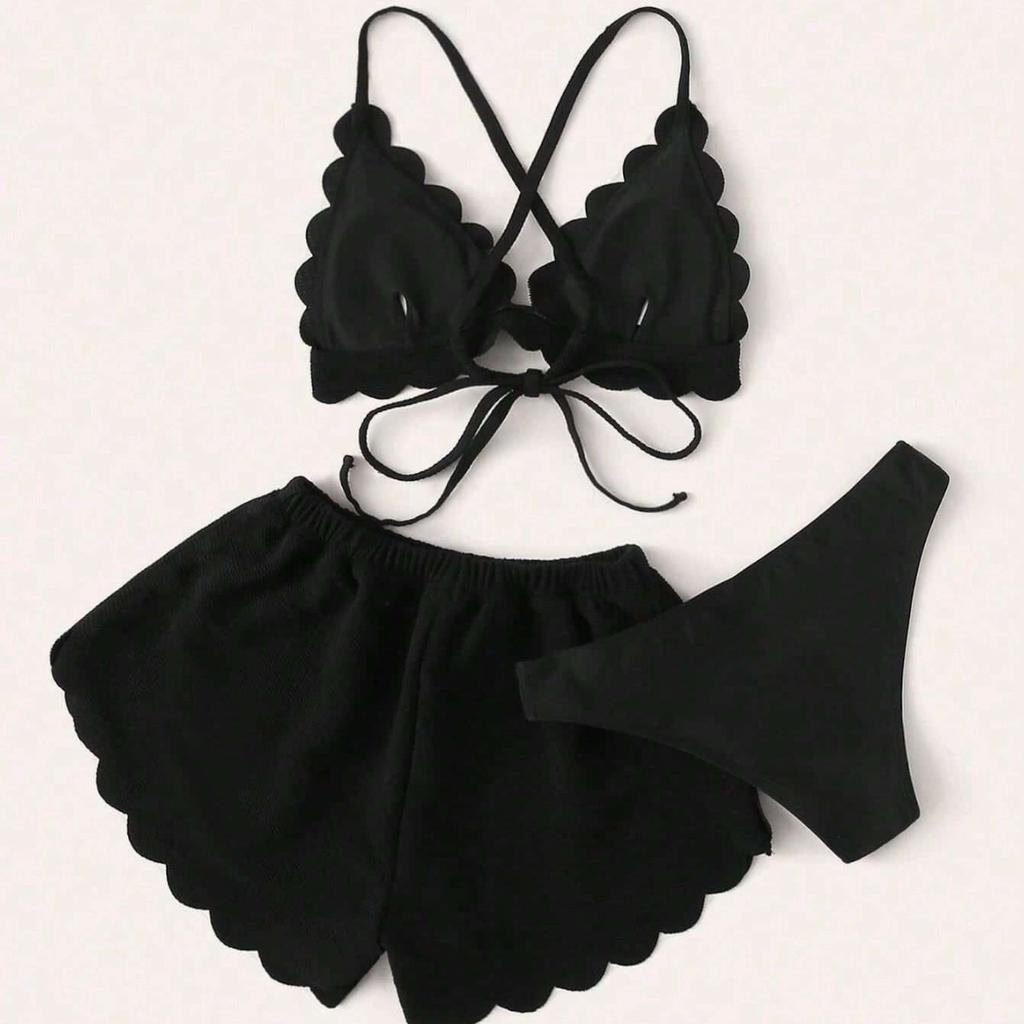 Women's 3 Piece Swimsuit Set Sexy Tie Side Bikini with Skirt Cover Up, Solid Color Swimwear for Summer Beach Vacation 0963
