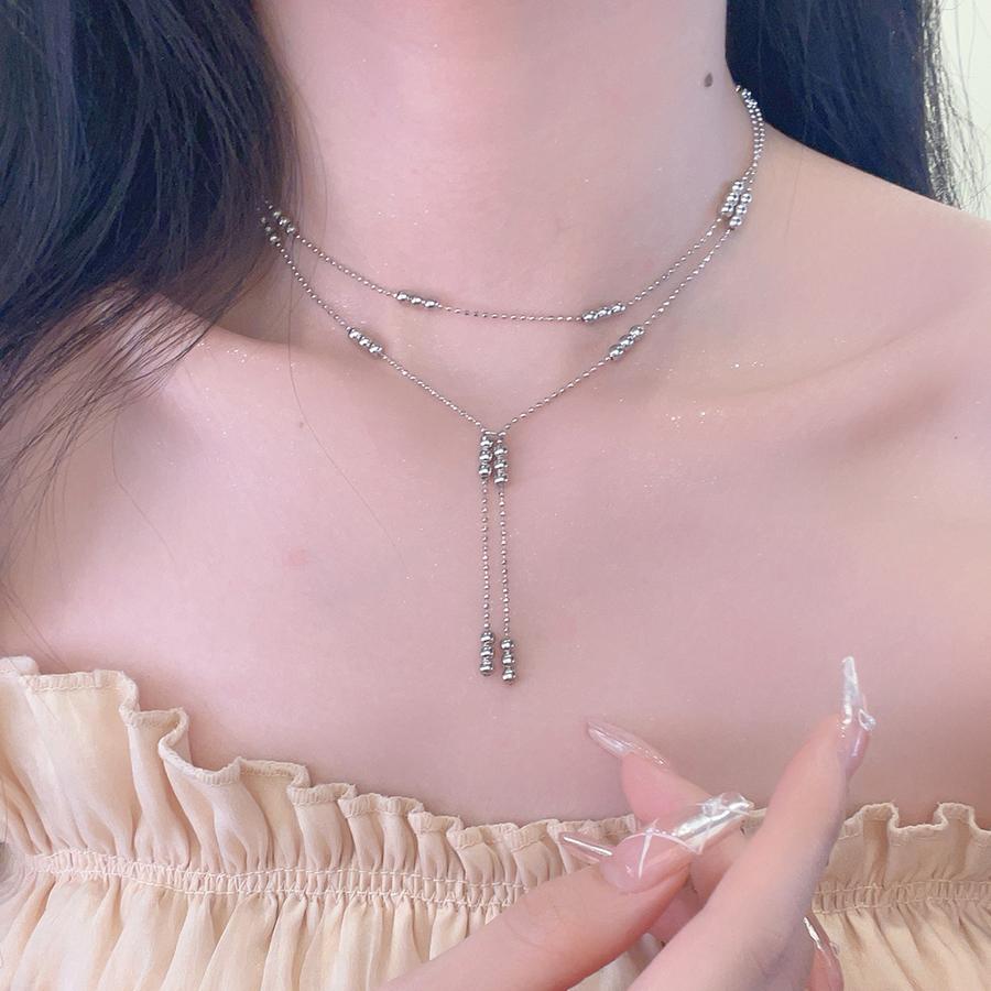 Double Layered Silver Color Bead Necklace Simple Thin Chain Round Beads Tassels Trendy Design Collarbone Chain Women's Jewelry