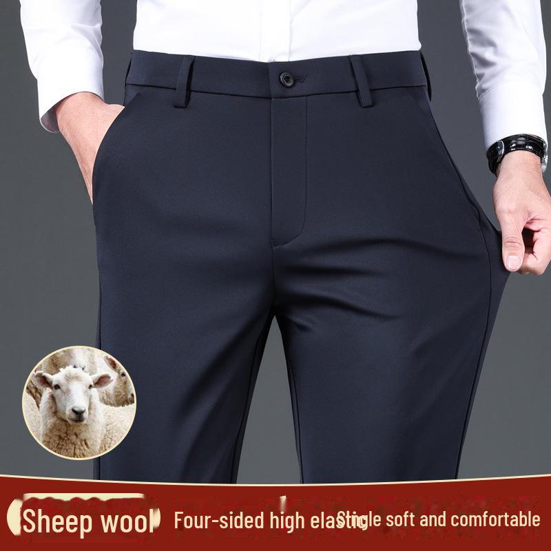 Men's Gray Anti-Wrinkle Elastic Wool Trousers - Thickened Straight Fit for Business, Autumn, and Winter Wear.