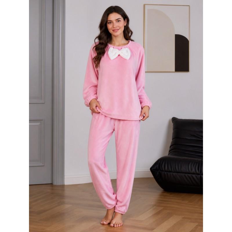 Fall Winter Cute Girl Flannel Pajama Set Bow Round Neck Long Sleeve Loungewear Women