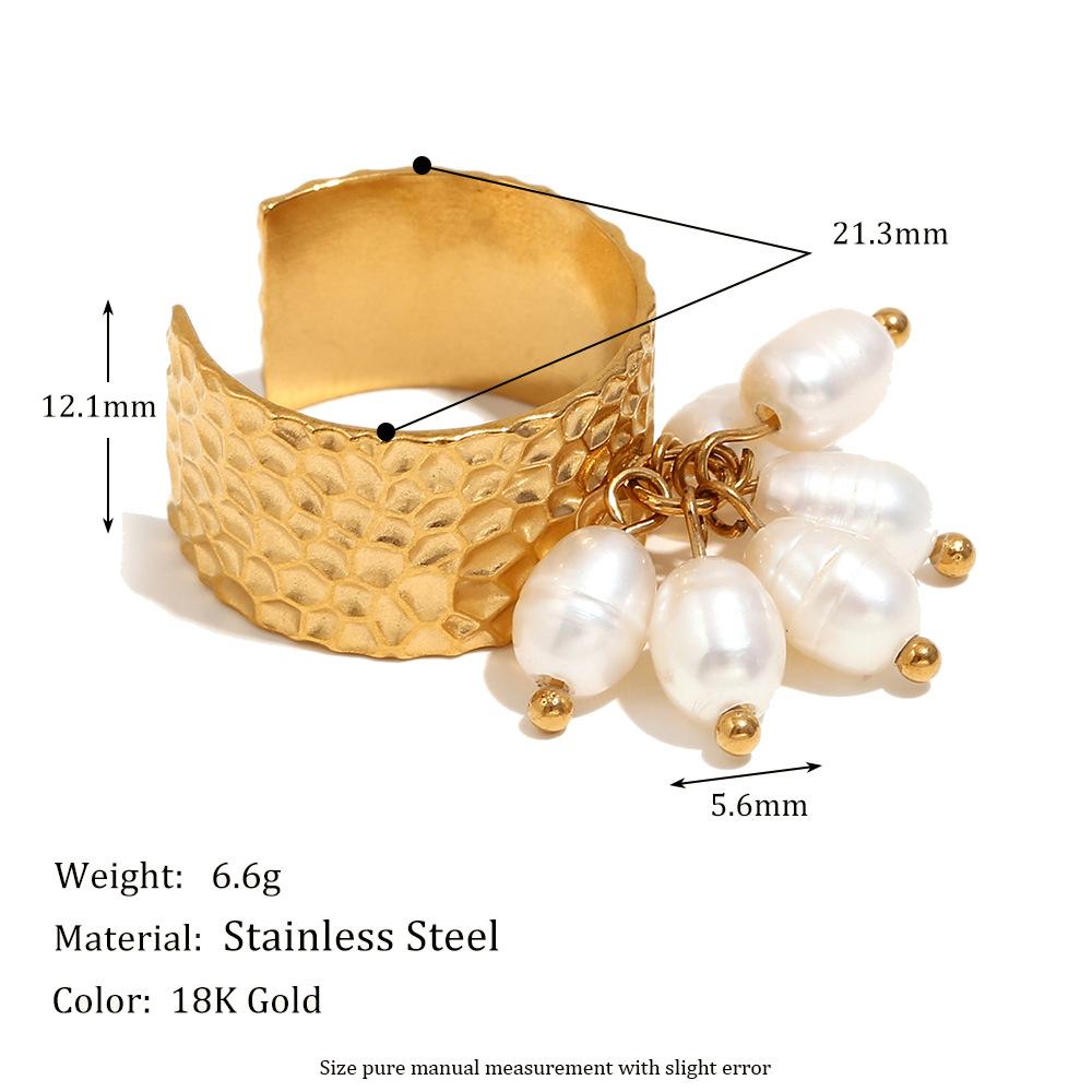 MamacitaSlay Unique 18K Gold Plated Stainless Steel Pearl Geometric Open Rings Waterproof Jewelry Women's Creative Charm Gift
