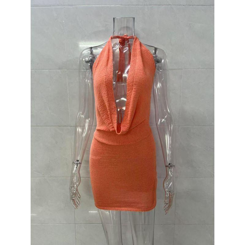 

Европейское и американское сексуальное вязаное платье с открытой спиной и вырезом на шее, пляжная юбка, сексуальная вязаная юбка с открытой спиной Orange L