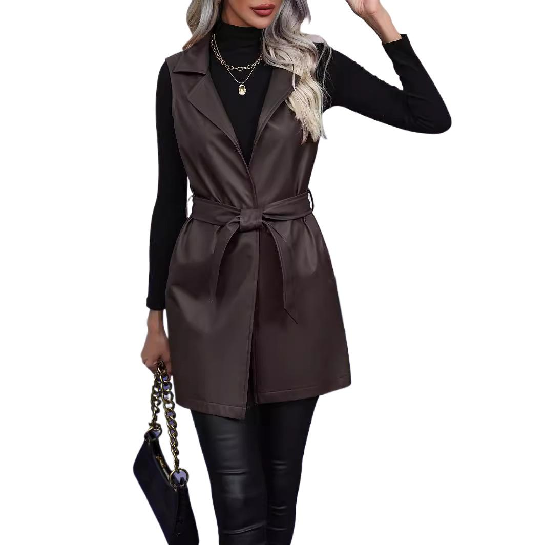 

Женский жилет из ПУ кожи большого размера, женский жилет без рукавов, блейзер из искусственной кожи XS кофейный