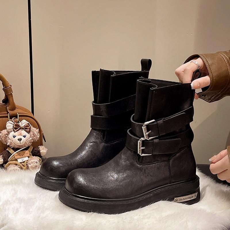 British Style Retro Big Head Outdoor Booties  Autumn And Winter Inclusive Heightened Platform Casual Block Heel Shoes