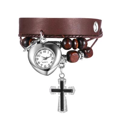 Kreuz-Anhängeruhr mit PU-Leder Holzschicht Arabisch Analog Quarz Einzigartig und Stilvoll Geschenk Damen Herzförmiges Armband Perlen, Ziffern, Zifferblatt,
