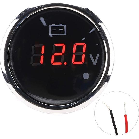 Voltage Meter, 2in Battery Voltage Gauge LED Digital Display IP67 Waterproof Smart Alarm Universal for Boat Auto (Black)