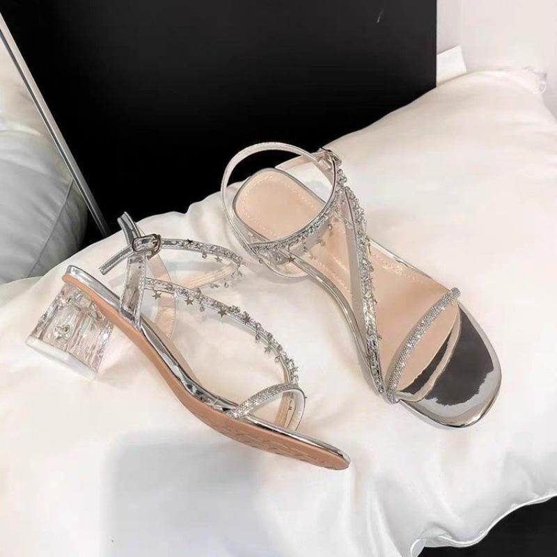 Fashion Silver Rhinestone Sequin Sandals for Women in Summer 2025, Square-toed, Thick-heeled, One-strap, Transparent Crystal High Heels
