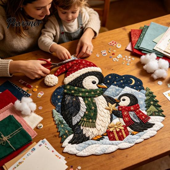 Christmas Fabric Art Patchwork DIY Kit, Adult Sewing Handcrafted Set with Creative Holiday Gift Pre-Cut Squares, Animals Craft for Beginners Quilting