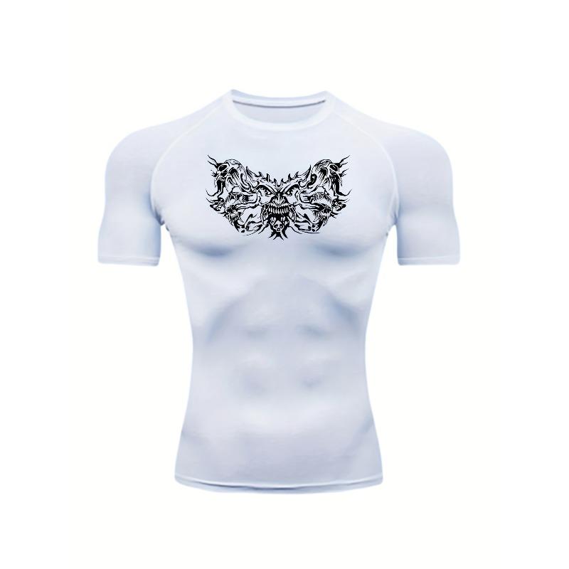 Men's Chest Tattoo-Inspired Skull Compression Shirt High Elasticity Moisture Wicking Bodybuilding Sportswear