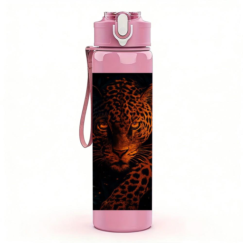 1PC Black Spotted Leopard Animal Print 750ml Color Plastic Sports Water Bottle Leakproof Flip Straw Lid Suitable for Sports Office Home Use