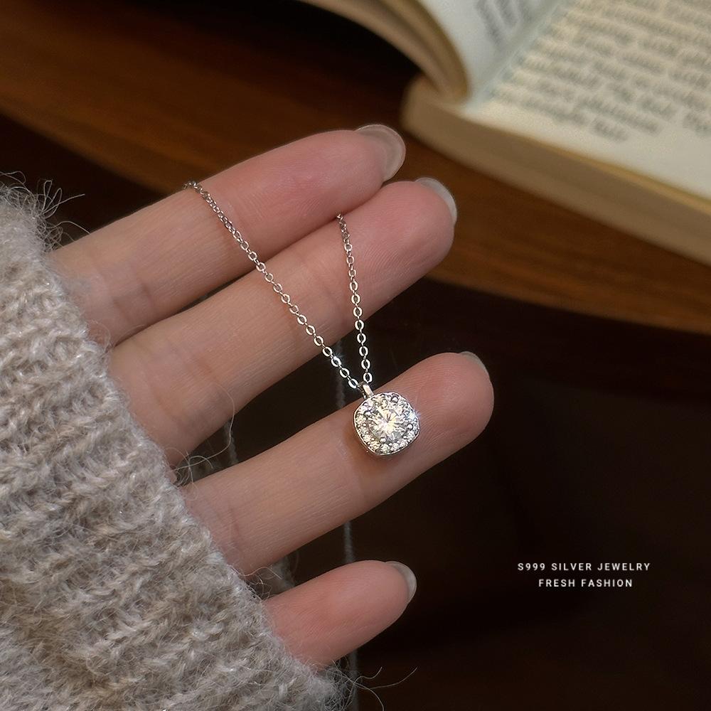

999 Sterling Silver Dainty Zircon Pendant Necklace, Minimalist Sparkling Square Necklace, Elegant Fine Jewelry for Women Gift серебряный