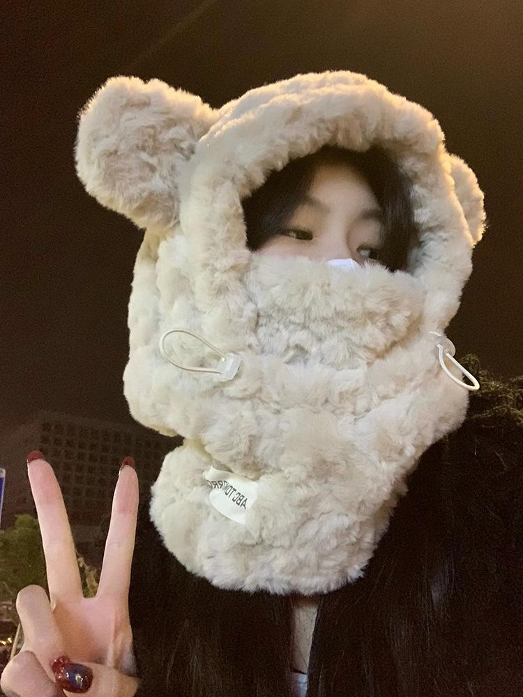 Cute Bear Plush Hat Women's Scarf Integrated Thickened Plush Cycling Cold Protection Ear Protection Korean Version Lei Feng Hat
