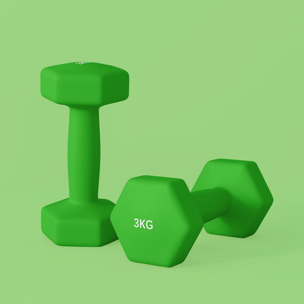 Set of 2 Dumbbells 3 Kg Hexagonal and Non-Slip for Home and Gym, In Metal and Plastic, 18x8x8 Cm, Green
