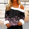 Women's Off-the-shoulder Plush Neck Printed Long-sleeved Pullover T-shirt Top