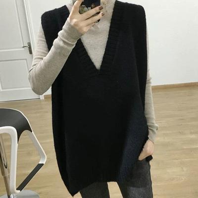 Neuer mittel- und langer Strickweste einfacher lässiger lockerer vielseitiger Modekragen ärmelloser Pullover Damen