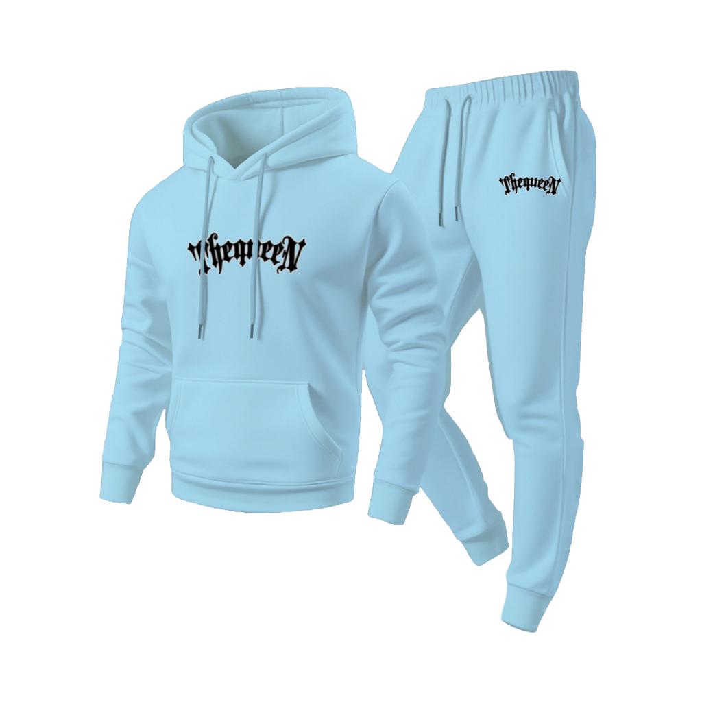 Men's Casual Solid Color Letter-printed Sweatshirt Set, Men's Fleece Hooded Drawstring Sweatshirt And Sweatpants Two-piece Set