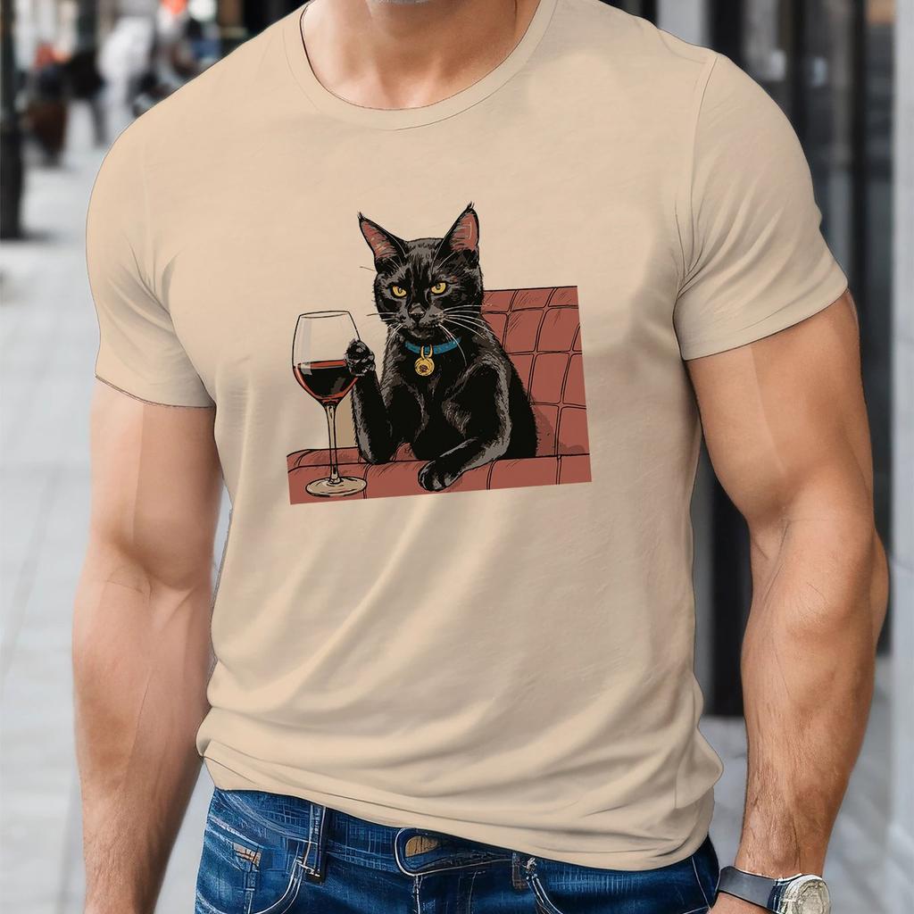 Black Cat Drinking Wine Graphic TShirt Mens Casual Cotton Crew Neck Summer Tee
