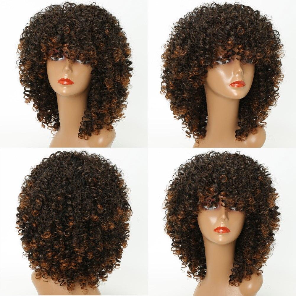 LISI HAIR Women's Short Afro Kinky Curly Wigs With Bangs Ombre Brown Synthetic Wig Black Daily Party Headgear with Clips