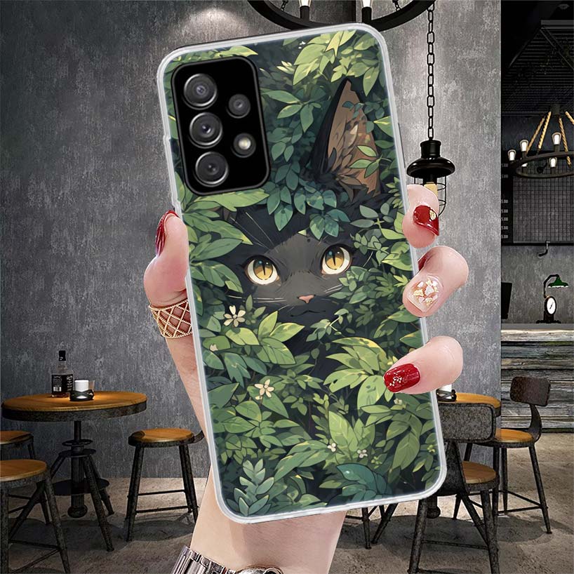 Anime Cute Black Cat Meow Phone Case For Samsung Galaxy A13 A14 A15 A16 A17 A53 A54 A55 A56 A57 A33 A34 A35 A36 A37 A23 A24 A25