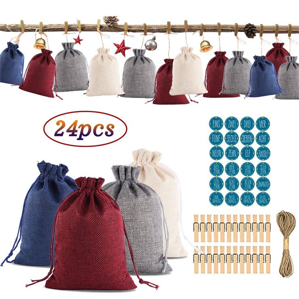 24PCS Christmas Themed Printed Linen Candy Bags Christmas Pattern Candy Bag Advent Calendar Bundle Cotton Linen Gift Bag
