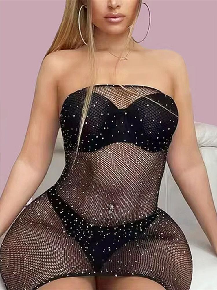 Strapless Women Sexy Dress Lace Lingerie Teddy Mesh Babydoll Nightgown Mini Dresses Hollowed Diamonds Sex Dresses Outfits