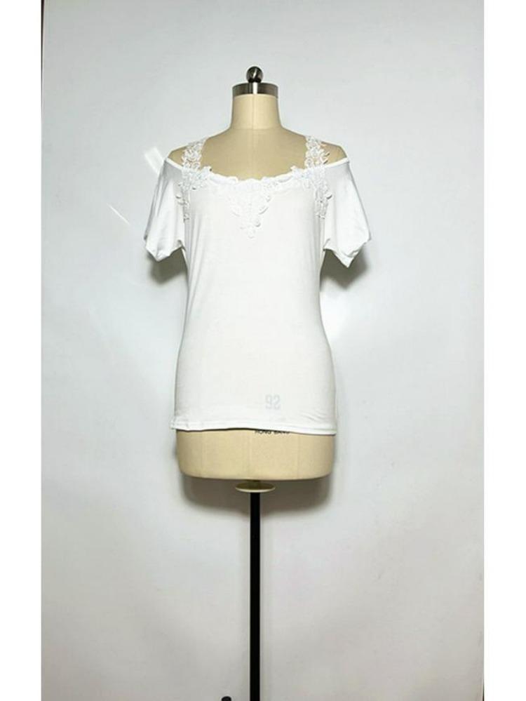 American Style European Women's Casual Loose V Neck Short Sleeve T Shirt with Lace Splice