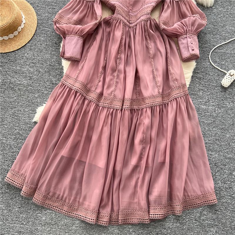 New Heavy Craft Lace Embroidery Hollow Out Party Evening Long Dress Women's Stand High Waist Lantern Sleeve Dresses Holiday
