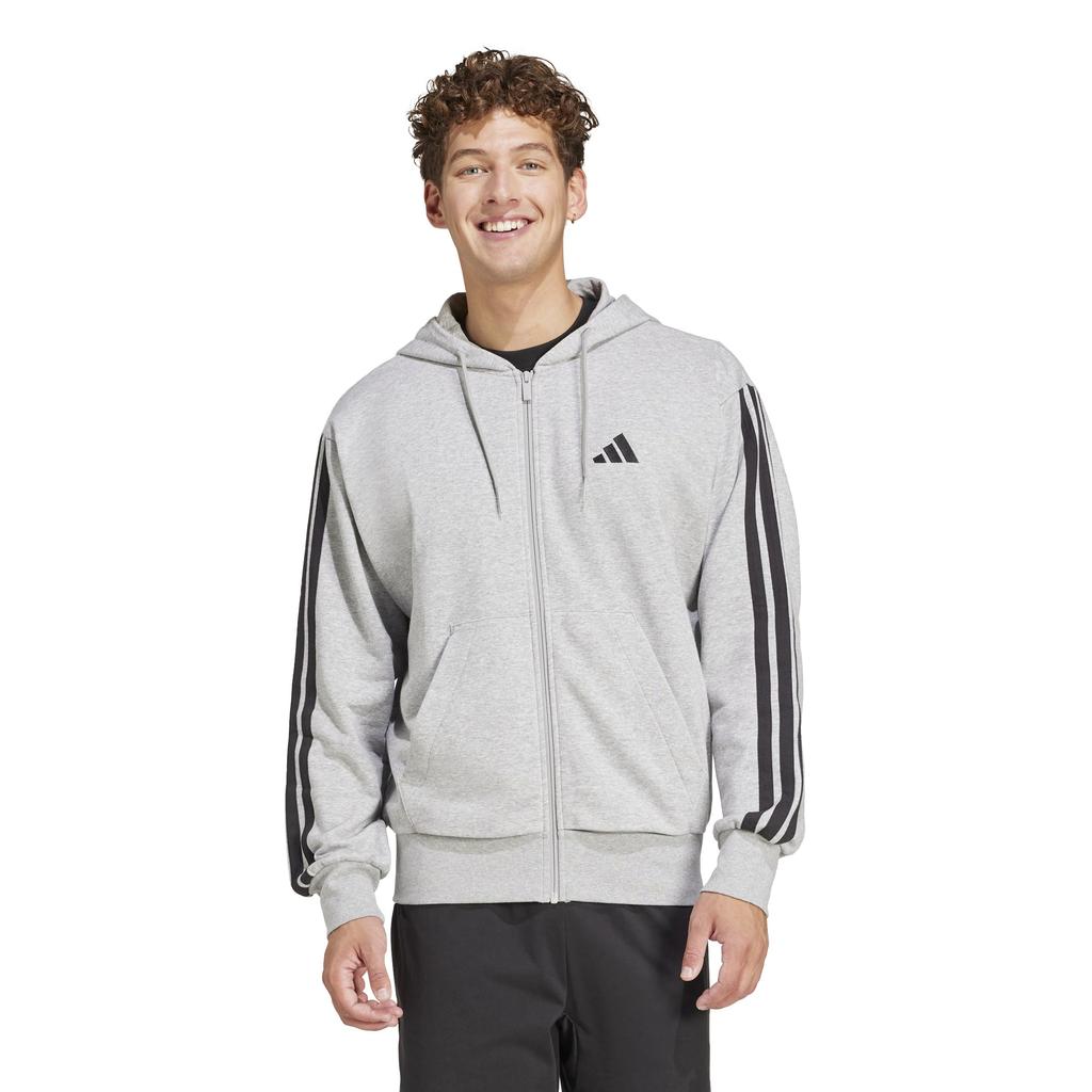 Adidas Essentials French Terry Mikina KTE94 Středně šedá 3 pruhy na zip Pánská melírovaná/černá (JE6338)