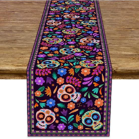 Dia De Los Muertos Table Runner Cinco de Mayo Rustic Linen Mexican Sugar Skull Day of The Dead Altar Decoration for Home Kitchen Dining Room (13 x 13 x 36