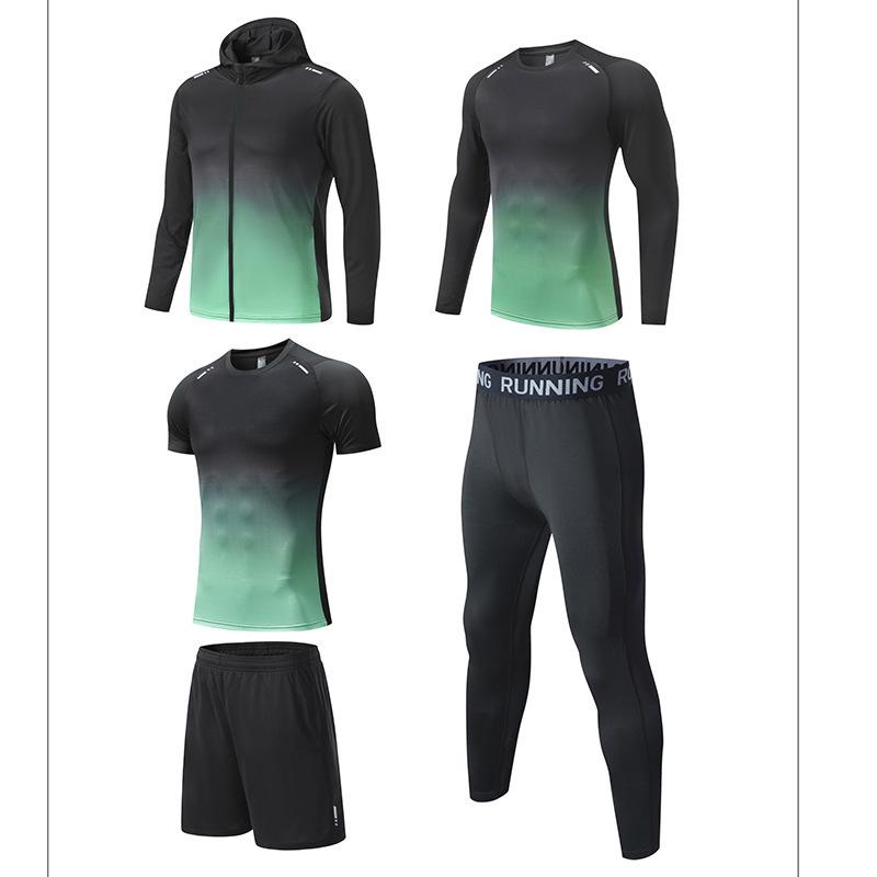 2024 Spring & Autumn Men's & Kids' 5-Piece Quick-Dry Fitness Set: Compression Shirt & Hooded Jacket for Running
